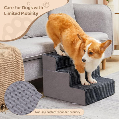 3-Step Dog Stairs, 13.5'' H Dog Stairs for Small Dogs for Bed Couch and Sofa, Non-Slip Bottom Pet Stairs for Small Dogs and Cats, Indoor Pet Steps Dog Ramp for Bed, Grey