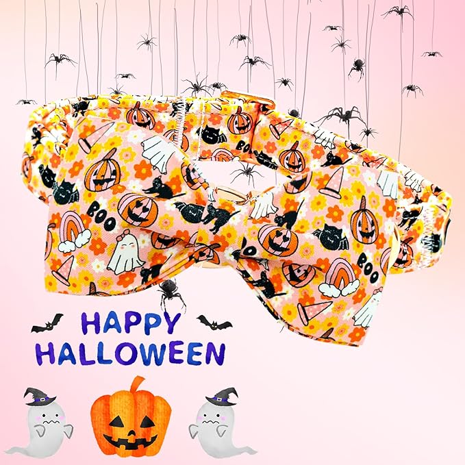 Lionheart glory Halloween Dog Collar with Bowtie Fall Pumpkin Ghost Cat Print Dog Collars Bow Tie Heavy Soft Adjustable Collar for Large Dogs Dog Bow Collar Holiday Pet Gift