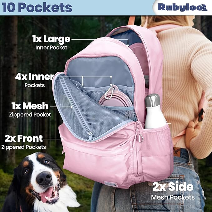 The Original Doggy Bag™ Backpack by Rubyloo - Dog Travel Bag Backpack for Dog Supplies with 2 Travel Dog Bowls, Treat Bag, Food Container, Placemat & Laptop Sleeve - Dog Diaper Bag for Dog Moms