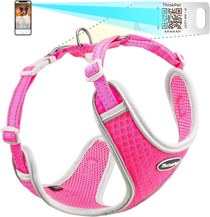 ThinkPet Reflective Breathable Soft Air Mesh with QR Code Dog Tag Puppy Choke Free Over Head Vest Harness for Puppy Small Medium Dogs and Cats Large Rose Red