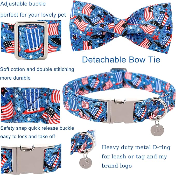 Patriotic Dog Collar with Bow Tie 4th of 8-12in
