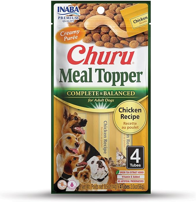 INABA Churu Meal Topper for Dogs, Complete & Balanced, Creamy, Lickable Purée Dog Food Topper, 0.5 Ounce Tube, 4 Tubes (4 per Pack) Chicken Recipe