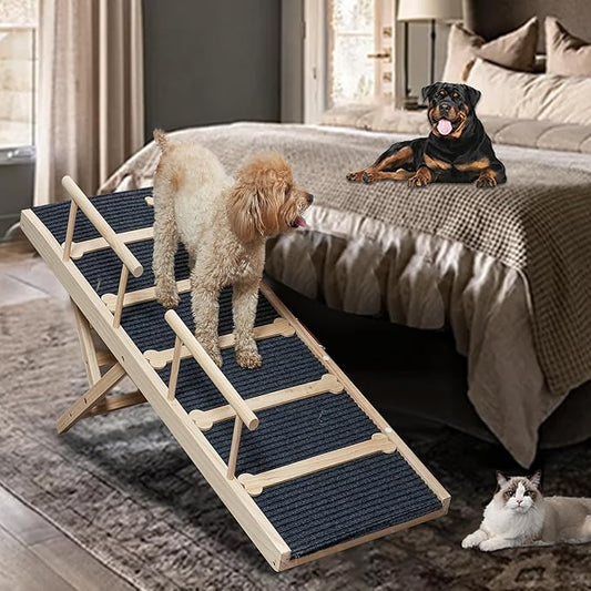 Adjustable Dog Pet Ramp for Bed - 47.2" Sturdy Tall Dog/Pet Ramp for High Beds 30 Inches - 6 Adjustable from 15.7"-28"-Wooden Folding Dog Ramp for Couches & Cars for Large Dogs up to 200lbs