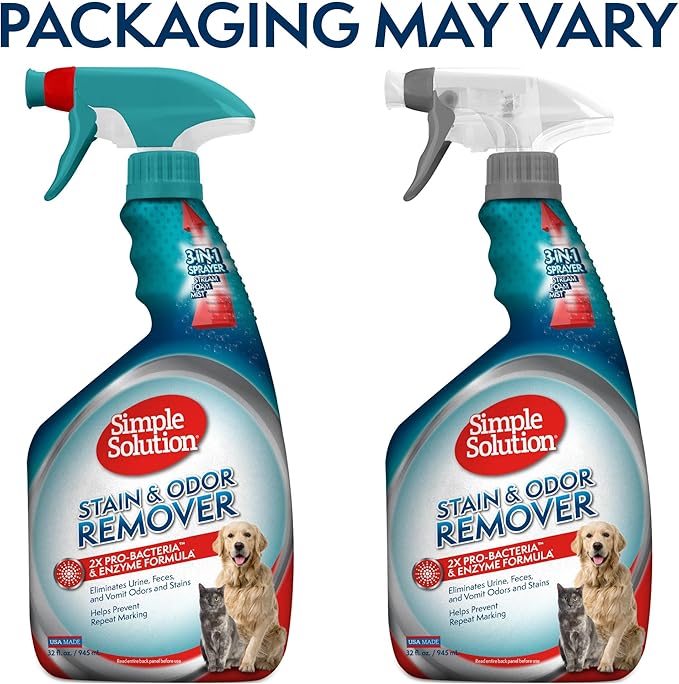 Simple Solution Stain and Odor Eliminator Spray for Dogs & Cats, Enzyme Cleaner With 2X Pro-Bacteria Cleaning Power, Strong Smell Remover for Carpets, Upholstery & Floors, 32 oz (Pack of 2)