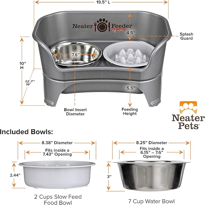 Neater Feeder - Express Model w/Niner 9 Peak Slow Feed Bowl - Mess-Proof Dog Bowls (M/L, Grey) - Made in USA – Elevated, No Spill, Non-Tip, Non-Slip, Raised Food/Water Pet Bowls Aid Digestion