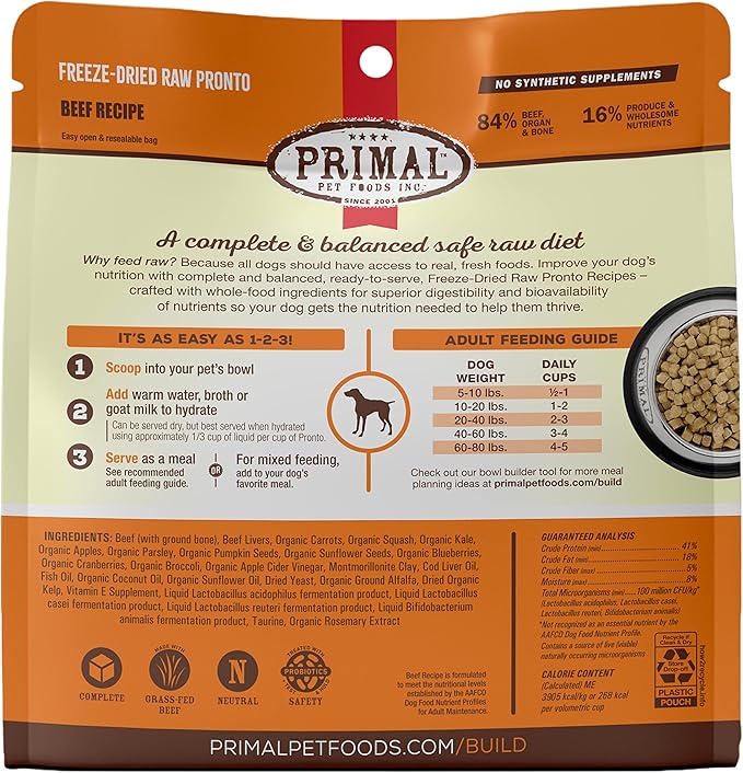 Primal Freeze Dried Dog Food Pronto, Beef; Scoop & Serve, Complete & Balanced Meal; Also Use as Topper or Treat; Premium, Healthy, Grain Free High Protein Raw Dog Food (16 oz)