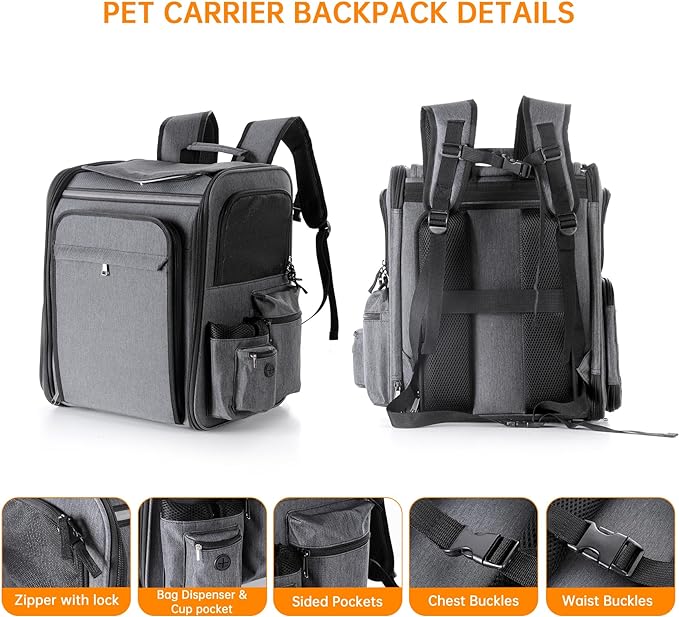 Pet Travel Carrier Backpack, Soft-Sided Breathable Mesh Cat Carrier Backpack for cat,Dogs,Puppies Up to 20 Lbs,Dual Side Expandable to 17 x 13.5 x 36 inches… (Grey + Black Mesh)