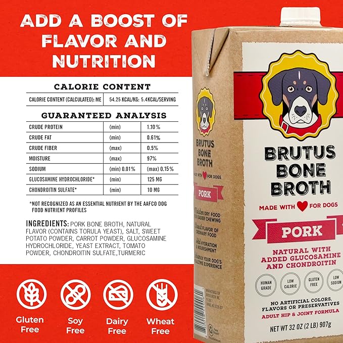 Brutus Bone Broth for Dogs | All Natural | Made in USA | Glucosamine & Chondroitin for Healthy Joints | Human Grade Ingredients | Hydrating Dog Food Topper, Gravy & Treat (Pork, 6-Pack)