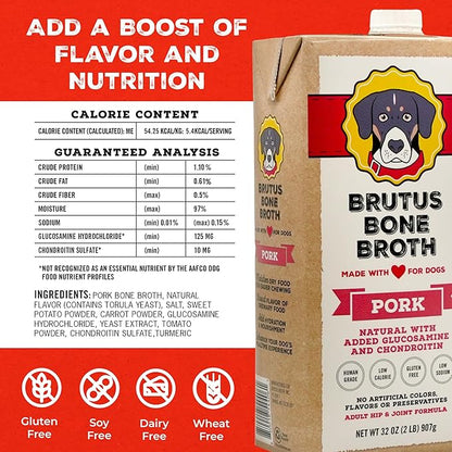 Brutus Bone Broth for Dogs | All Natural | Made in USA | Glucosamine & Chondroitin for Healthy Joints | Human Grade Ingredients | Hydrating Dog Food Topper, Gravy & Treat (Pork, 6-Pack)