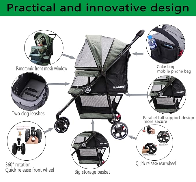 ROODO Dog Stroller 3Wheel Pet Stroller Cat Stroller 30lbs Small