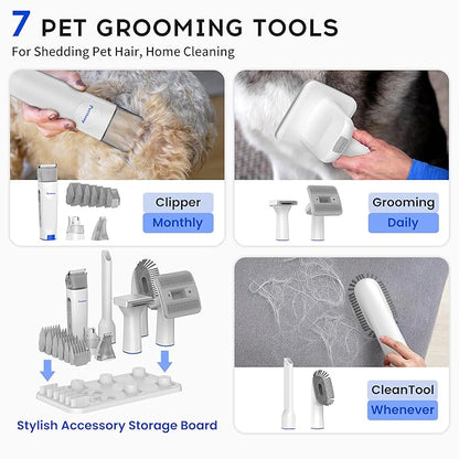 Dog Grooming Vacuum Kit for Dog Hair Shedding with Pet Clipper Nail Grinder, 2.2L Dust Cup Dog Brush Vacuum Fur Groomer with 7 Grooming Tools, Home Cleaning, 5 Suction Levels