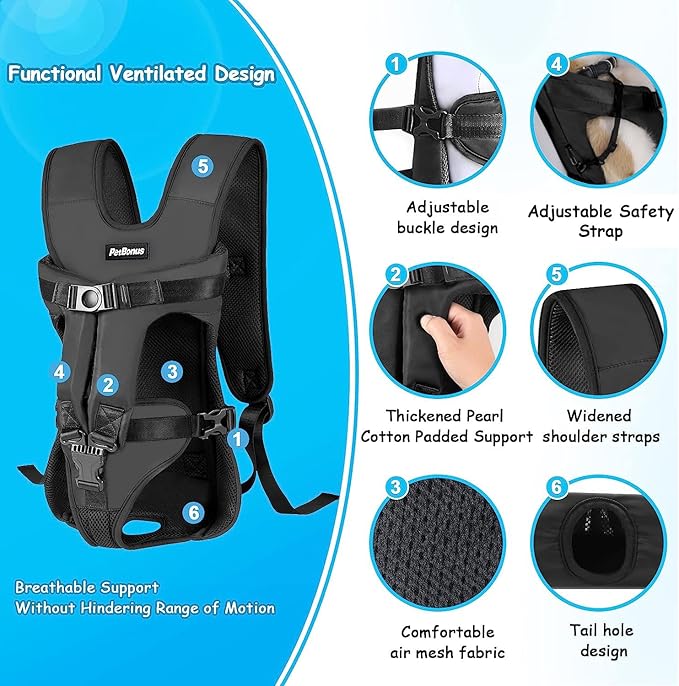 PetBonus Pet Front Dog Carrier Backpacks, Adjustable Dog Backpack Carrier, Legs Out Easy-fit Dog Chest Carrier for Medium Small Dogs, Hands Free Dog Front Carrier for Hiking, Cycling (Black, M)