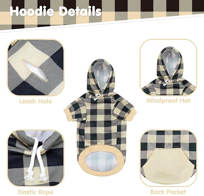 KOOLTAIL Plaid Dog Hoodie Pet Clothes Sweater with Hat and Pocket for Small Medium Large Size Dogs