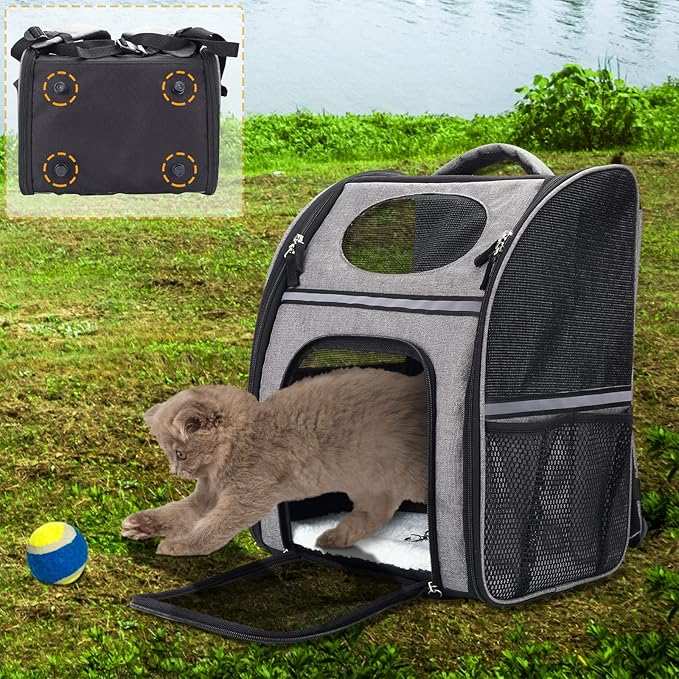 FluffyDream Cat Backpack, Dog Carrier Backpacks, Foldable Backpack, Ventilated Design, Up to 15.4 lbs, Backpack for Camping Traveling Hiking Outing, Grey, Black, Large (PTCARIERBACKPK01GV1)