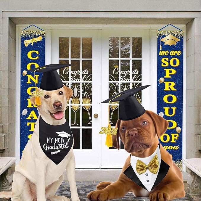 Pet Graduation Cap Dog Bandanas Collar Costume 3Pack Graduation Hat Triangle Scarf Grad Outfit Accessory for Dogs Cat Formal Tux Clothes with Bowtie Holiday Party Apparel (3PCS Gard Tux Set