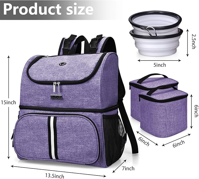 BAGLHER Pet Travel Bag, Double-Layer Pet Supplies Backpack (for All Pet Travel Supplies), Pet Travel Backpack with 2 Silicone Collapsible Bowls and 2 Food Baskets Purple