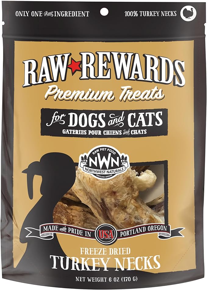 Northwest Naturals Raw Rewards Freeze-Dried Turkey Neck Treats for Dogs and Cats - Whole Neck - Healthy, 1 Ingredient, Human Grade Pet Food, All Natural - 6 Oz (Packaging May Vary)