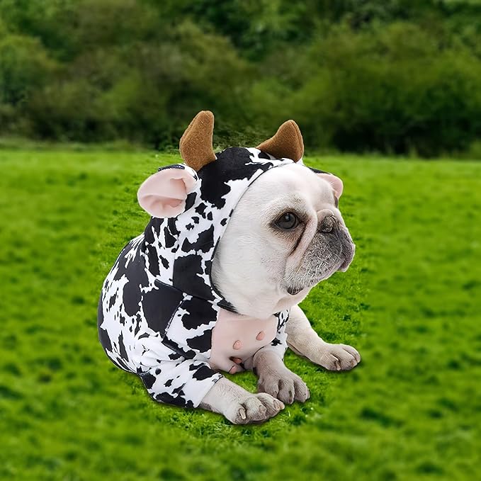 DELIFUR Dog Halloween Cow Costume - French Bulldog Adorable Cow Holiday Outfit Cute Hoodie Halloween Cosplay Animal Costume for Small Medium Dog (Cow, Back: 15.5")