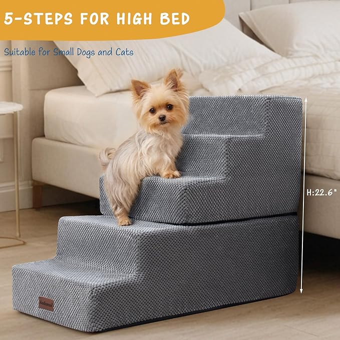 5-Step Dog Stairs to Bed, Dog Steps for High Beds and Couch, Non-Slip Pet Stairs for Small Dogs and Cats,Dog Bed Stairs, Grey, 3/4/5 Steps