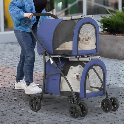 MoNiBloom Double Dog Stroller with Detachable Carrier Bags Large 4 Wheels Foldable Jogger for Small and Medium Dog Cats, Navy Blue/Gray