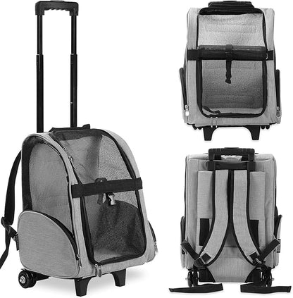 KOPEKS Deluxe Backpack Pet Travel Carrier with Double Wheels - Heather Gray - Approved by Most Airlines