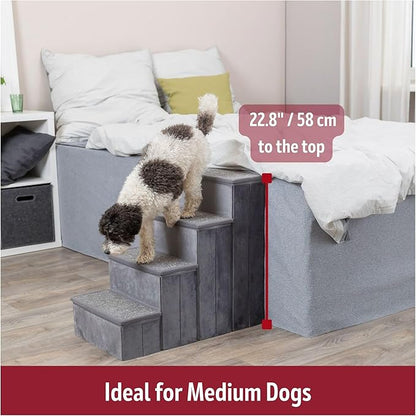 TRIXIE Velour 4-Step Pet Stairs with Storage, Collapsible, Storage Compartments for Pet Toys