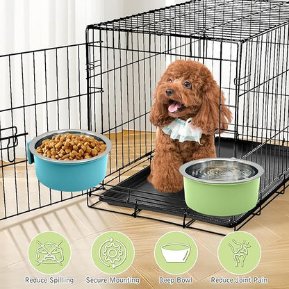 Tfwadmx 4 Pcs Crate Dog Bowl Cat Removable Stainless Steel Food and Water Feeder Hanging Cage Bowls Coop Cup with Cleaning Set for Pet Puppy Bird Rat Guinea Pig Ferret Bunny Rabbit (Light Blue&Green)