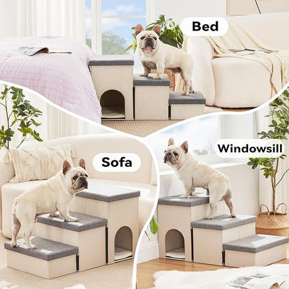 Love's cabin Dog Stairs for Small Medium or Large Dogs with Storage and Condo Couch,3-Step Gray 200 lbs,Beige+Grey