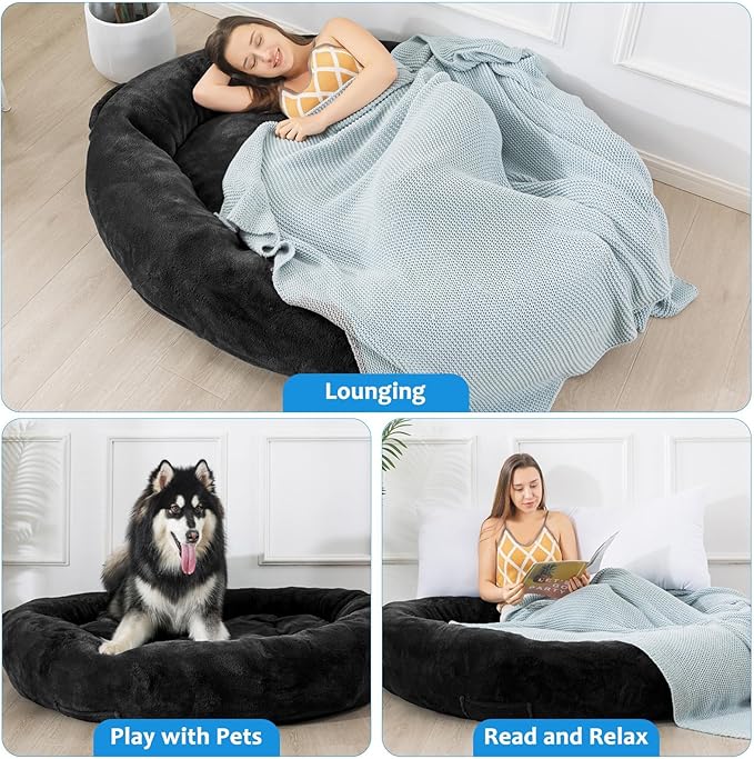 WhatsBedding Large Human Dog Bed 72"x48"x10" Human Size Dog Bed for People Adults,Soft Fur Oval Nap Beanbag Bed for Adults and Pets with Soft Fur Cover, Black