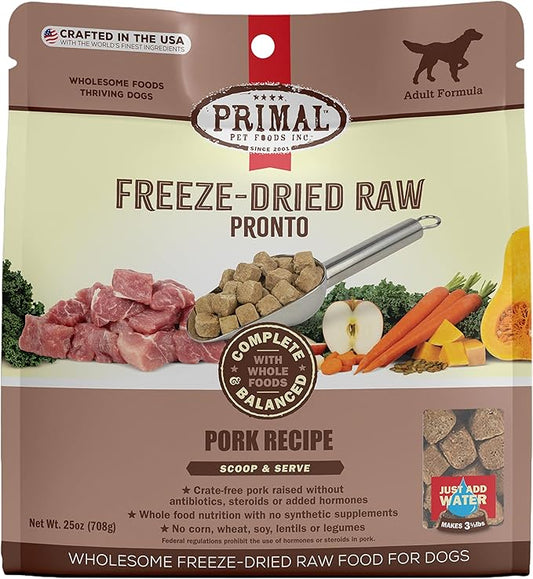 Primal Freeze Dried Dog Food Pronto, Pork; Scoop & Serve, Complete & Balanced Meal; Also Use As Topper or Treat; Premium, Healthy, Grain Free, High Protein Raw Dog Food (25 oz)