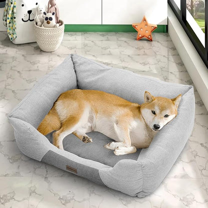 MoNiBloom 32"x26"x8" Dog Beds for Large Size Dogs Machine-Washable Linen-Like Fabric Pet Beds Warming Cozy Soft Bed for Dogs and Cat