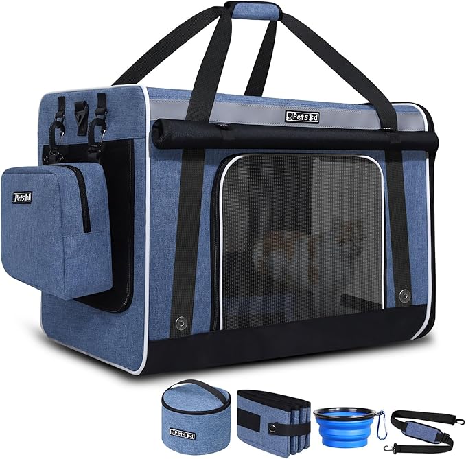 Petskd Extra Large Cat Carrier for 55LBS Pet Car Travel with Litter Box, 24"x17"x17" Soft Large Cats or Medium Dog Carrier with 5 Breathable Mesh Windows and Locking Zippers for Long Distance(Blue)