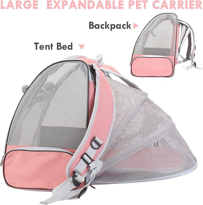 Cat Carrier Expandable Backpack, Airline Approved Pet Carriers for Small Dogs, Large Cat Bag Carrier, Foldable Collapsible Travel Bookbag for Carrying Cats Puppy Kitten Bunny Bird Chicken (Pink)