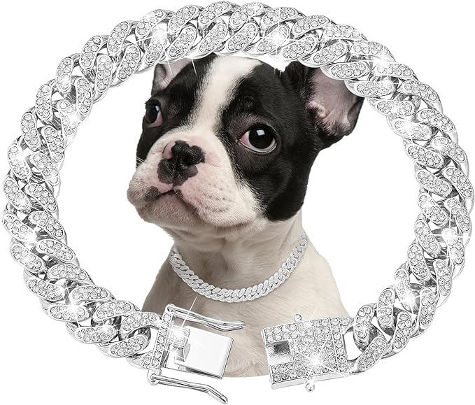 Silver Dog Chain Collar Diamond Cuban Link Dog 13mm Wide Cats(20inch)