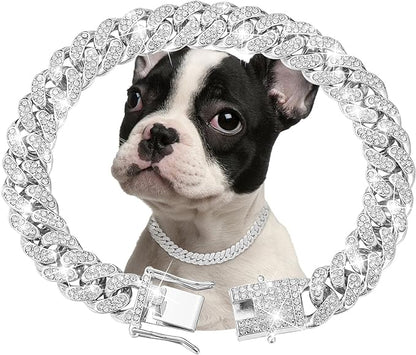 Silver Dog Chain Collar Diamond Cuban Link Dog 13mm Wide Cats(20inch)