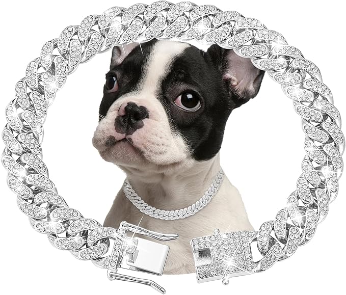 Silver Dog Chain Collar Diamond Cuban Link Dog 13mm Wide Cats(10inch)