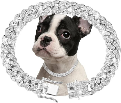 Silver Dog Chain Collar Diamond Cuban Link Dog 13mm Wide Cats(16inch)