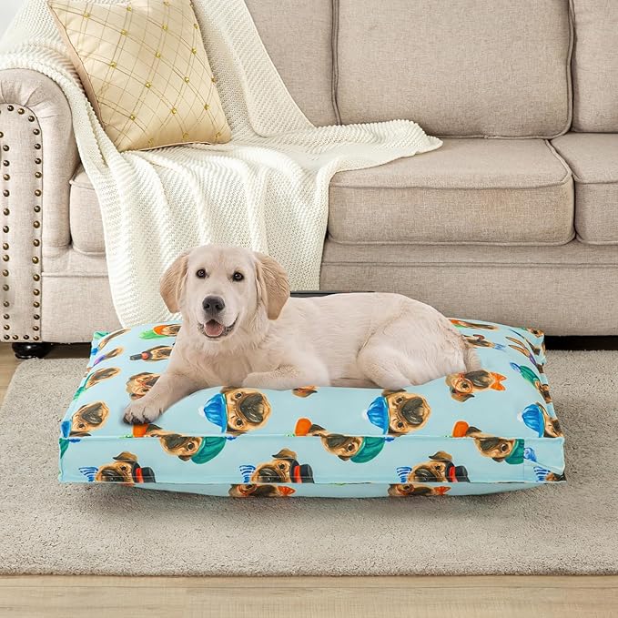 Dog Bed Cover, Waterproof Dog Bed Replacement Cover with Zipper, Oxford Removable Pet Bed Mattress Protector for Outdoor Use, 36Lx27Wx3H in, Bed Cover Only, Bulldogs in Hats Pattern