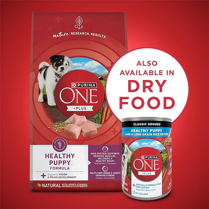 Purina ONE Plus Wet Puppy Food Classic Ground Healthy Puppy Lamb and Long Grain Rice Entree - (Pack of 12) 13 oz. Cans