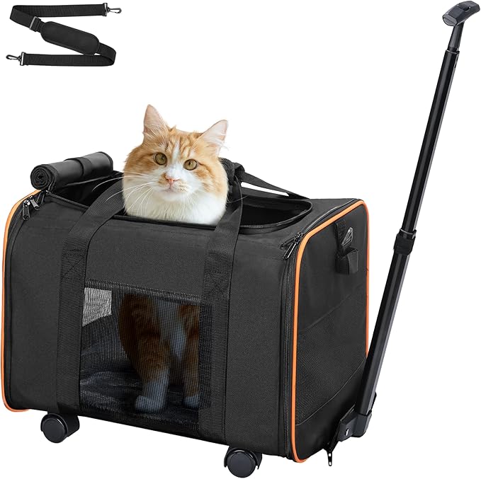 Cat Dog Carrier with Wheels, Airline Approved Pet Carrier for Small Dogs, Soft Sided Pet Travel Carrier with Telescopic Handle and Shoulder Strap (Black)