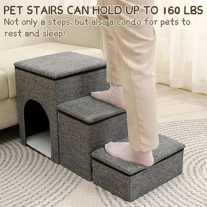 Fhiny Dog Stairs with Storage 3-Steps Foldable 160 lbs