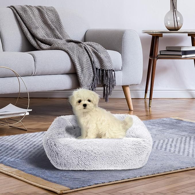 31 Inch Calming Dog Beds for Small Medium Large Dogs, Soft Faux Fur Fluffy Cuddler Cat Bed, Washable Rectangle Anti-Slip Plush Pet Bed, Light Grey