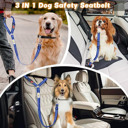 Dog Seat Belt for Car, Adjustable 4-in-1 Dog Car Seatbelt Leash with Hook & Buckle, Reflective Dog Seatbelt Harness for Car with Vehicle Headrest & Swivel Carabiner and Poop Bag, Royal Blue