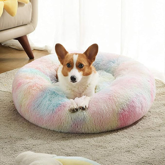 Western Home Faux Fur Dog Bed & Cat Bed, Original Calming Dog Bed for Small Medium Large Pets, Anti Anxiety Donut Fluffy Cuddler Round Warm Washable Cat Bed for Indoor Cats(27", Rainbow)