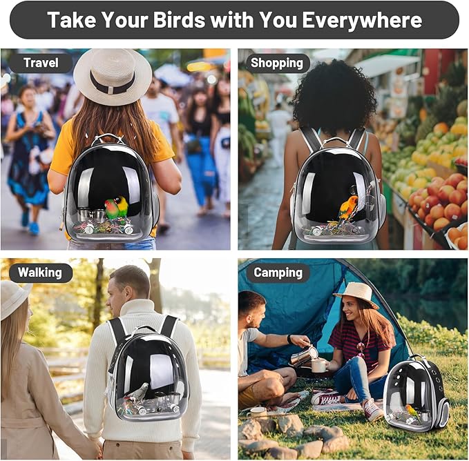 Bird Travel Backpack Carrier, Bird Cage for Small Medium Size Bird Parakeet Budgies Cockatiel, Space Capsule Clear Bubble Window with Stainless Steel Tray Food Bolw Standing Perch (Black)