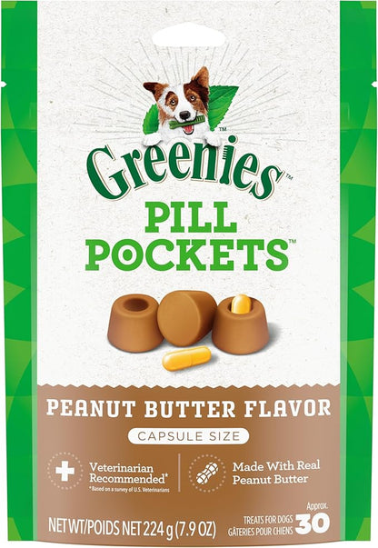 GREENIES PILL POCKETS for Dogs Capsule Size Natural Soft Dog Treats with Real Peanut Butter, 7.9 oz. Pack (30 Treats)