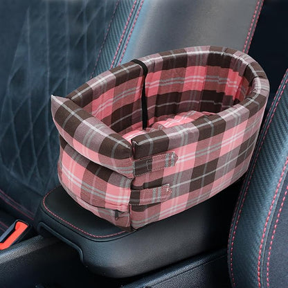 X AUTOHAUX Large Plaid Style Dog Car Seat Adjustable Straps for Medium Small Sized Puppy Cat Seat Pets Soft Non Slip Bottom Travel Bed Gray Pink