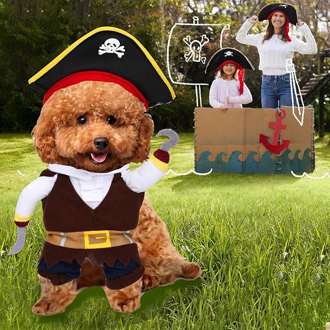 2Pcs Dog Pirate Costume Outfits Captain Hook Cat Clothes Funny Dog Caribbean Hat Halloween Party Costumes Cosplay for Pet Small Medium Puppy Chihuahua Yorkie Corgi (Medium)