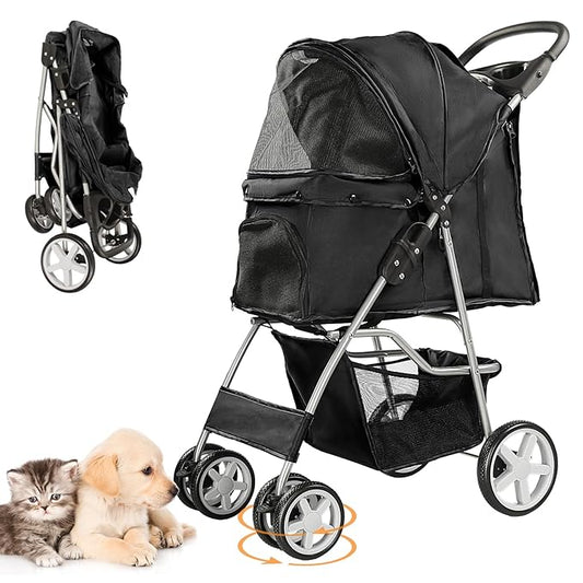 Pet Stroller for Small Dogs and CatsQuick-Folding Portable Travel Cat Dog Stroller with Storage Basket and Cup Holder 4 Wheels,