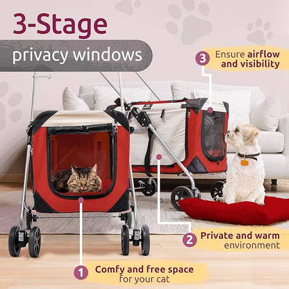 Large Premium Cat Stroller. Fits Up to 2 Cats. Pet Stroller with Top Loading & Side Loading, Soft Sided, Foldable Pet Crate. Includes Super Soft Bed, Vented Windows and Loads of Space